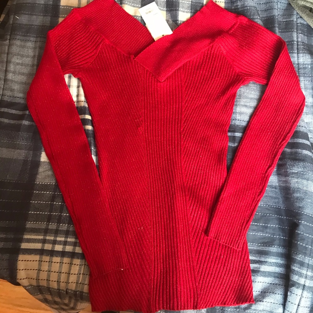 Red sparkly Portrait neckline sweater